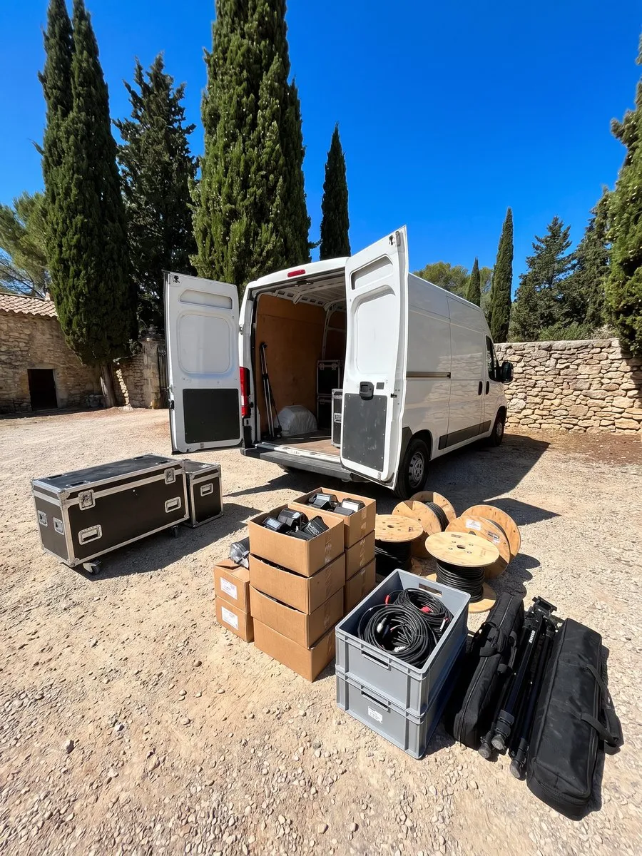 Flight cases, caisses de câbles et lumières déchargés devant l'utilitaire