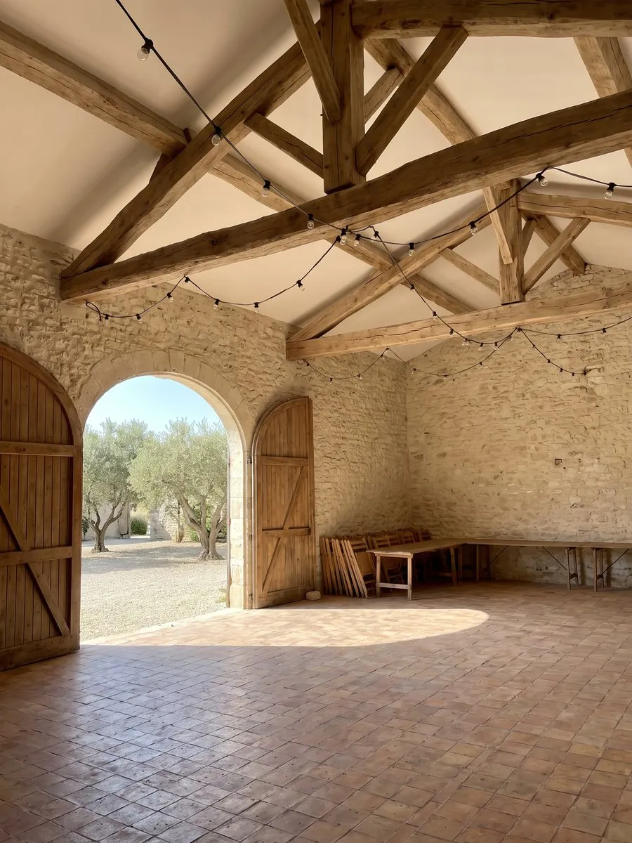 La grange de réception vide, murs de pierre et poutres apparentes