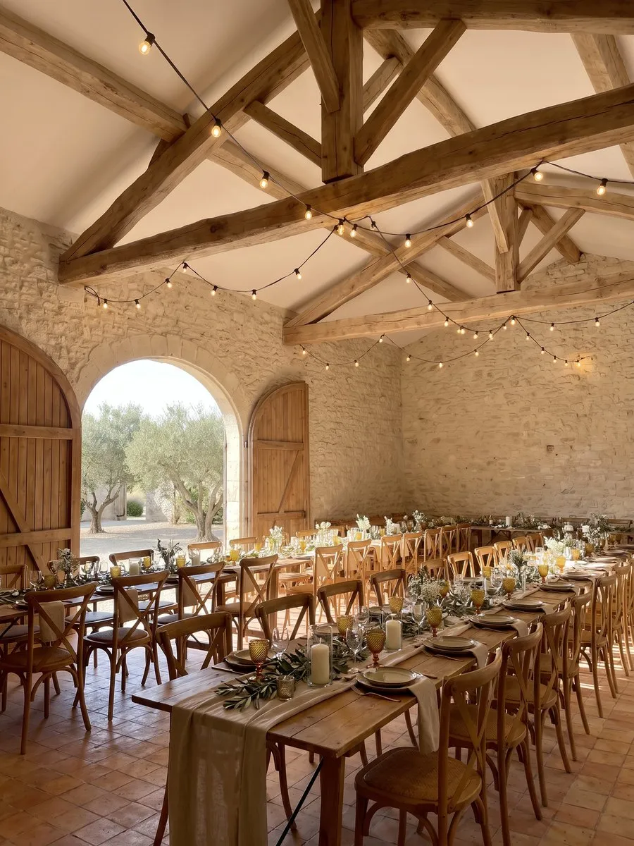 La grange avec ses longues tables dressées, guirlandes allumées