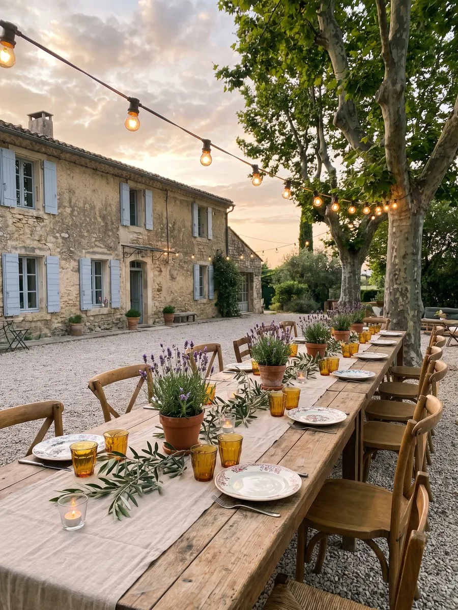 Longue table dressée sous les platanes, devant le mas