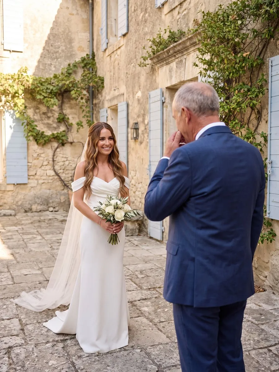 Le père, ému, découvre sa fille en robe de mariée