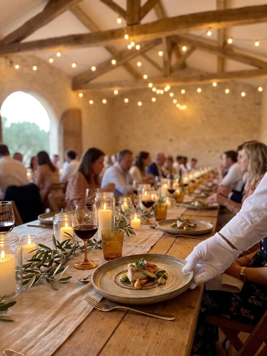 Une assiette servie à table, les invités en arrière-plan