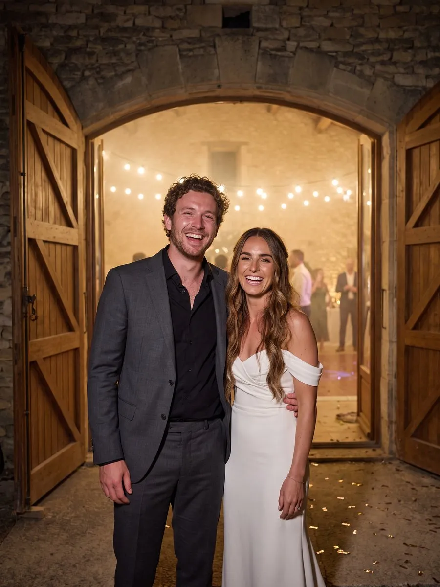 Le wedding planner et la mariée, en fin de soirée devant la grange